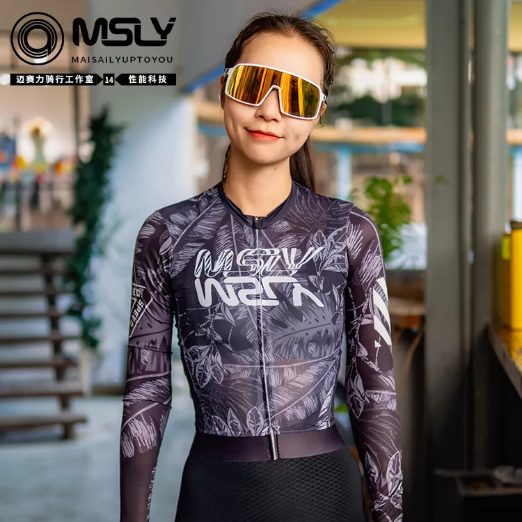 MSLY迈赛力骑行服男女同款长袖树叶印花竞技款公路车骑行上衣