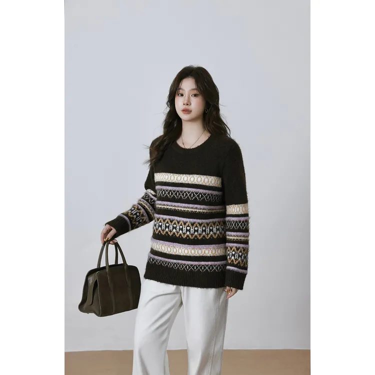 现货大婉酱微胖定制【松软费尔岛】慵懒风提花毛衣设计感上衣 2758D