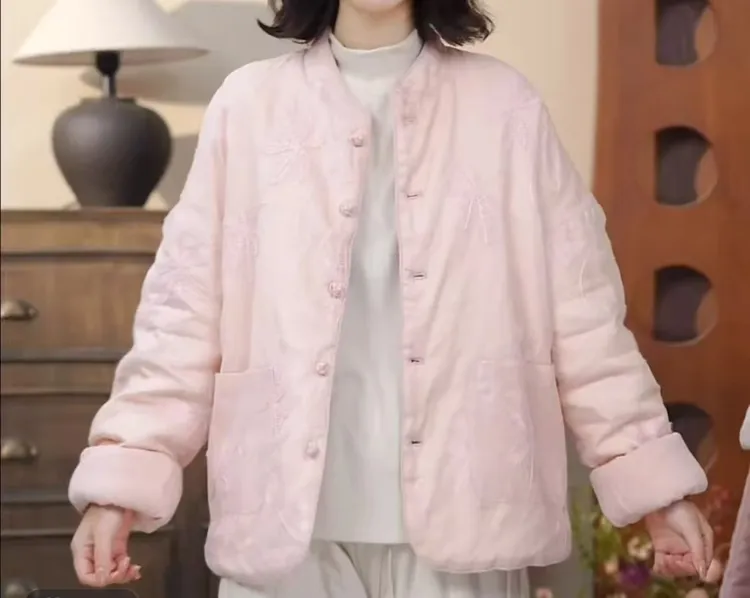 冬季苎麻双面刺绣棉服盘扣女长袖外套冬季棉衣提花