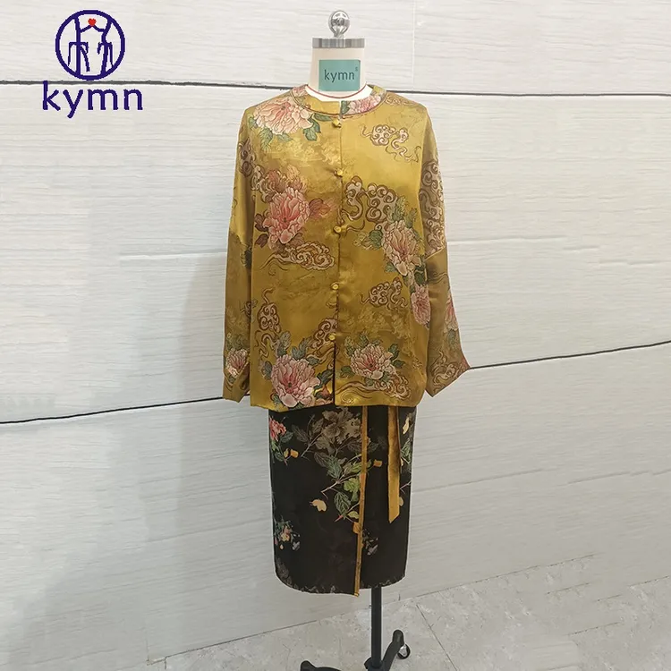 kymn原创新中式圆领外套重磅金色牡丹花上衣时尚富贵国风唐装新款