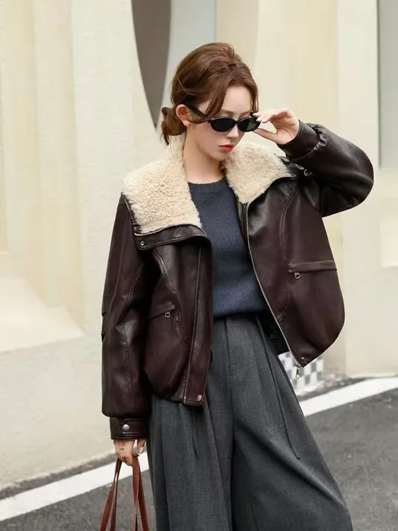 冬季新款皮衣外套女士大毛领短款加绒加厚保暖显瘦休闲百搭皮夹克