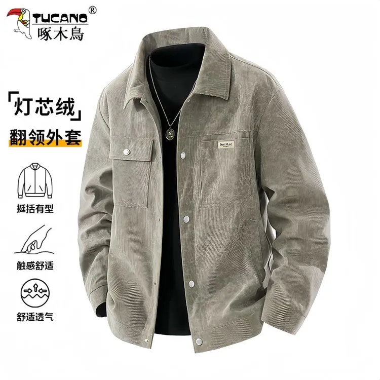 TUCANO/啄木鳥春秋灯芯绒外套男士翻领印花夹克宽松大码休闲上衣 