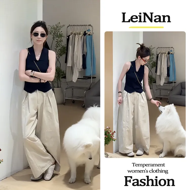 夏季时尚一整套女装2025新款无袖Polo领针织衫高腰阔腿裤两件套装