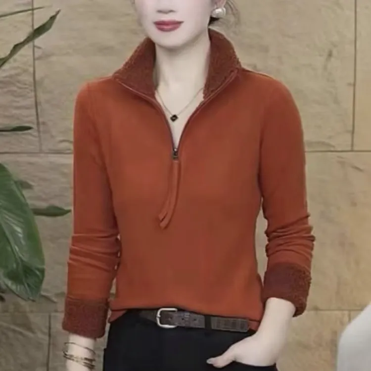 拉链设计感加绒长袖冬季休闲百搭显瘦时尚打底衫洋气减龄