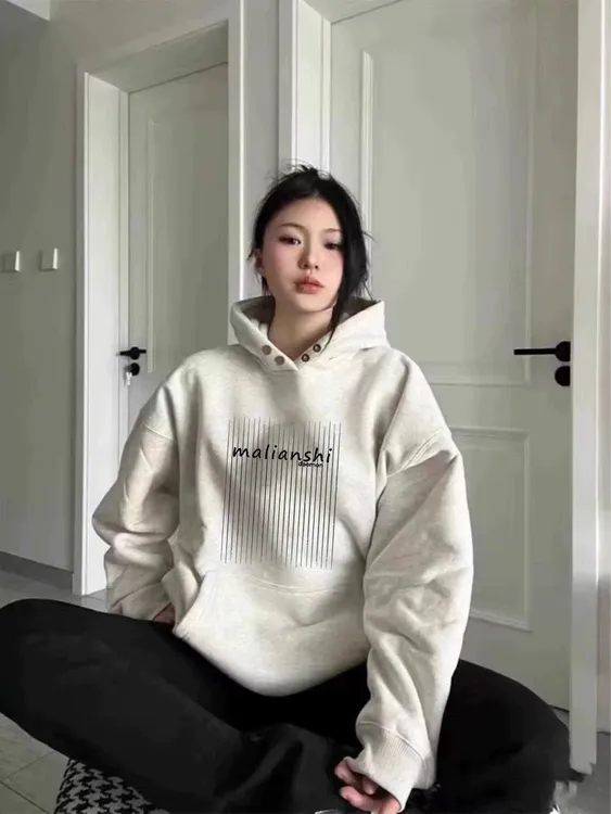 希妮丝 秋装新款美式重磅加绒连帽卫衣韩系学院风印花外套上衣女