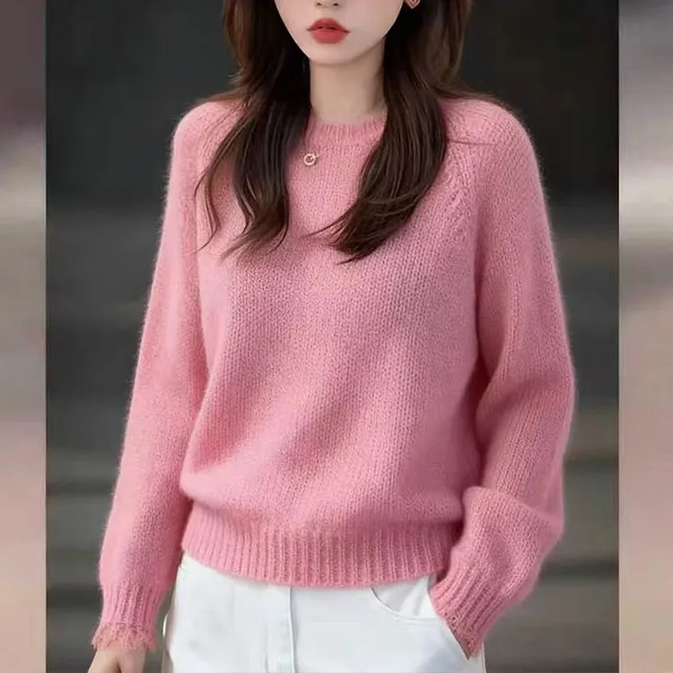 粉色圆领毛衣女2025秋冬新款慵懒高级感宽松显瘦蕾丝拼接打底上衣