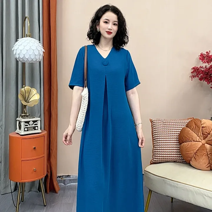 一粒扣V领短袖纯色高端连衣裙显瘦女装夏季裙子女衣服新款高级感