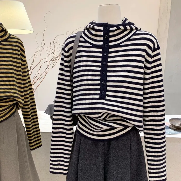 【80-180斤】韩系单排扣连帽针织衫秋冬老钱风时尚百搭软糯打底毛衣