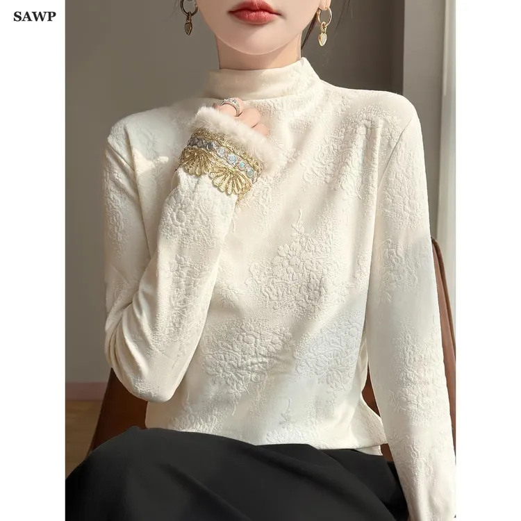 优雅新中式半高领加绒保暖打底衫女秋冬国风刺绣加厚外出加绒卫衣