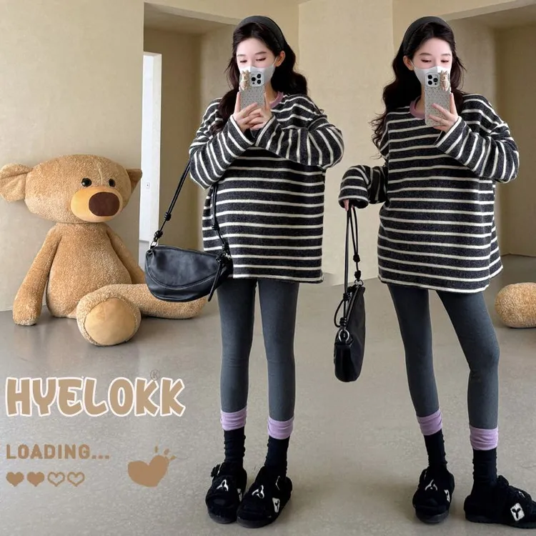 孕妇装上衣秋冬季显瘦条纹长袖磨毛撞色宽松慵懒遮肚外穿套头T恤