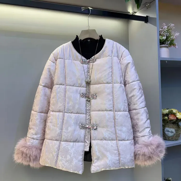 冬季新中式国风盘扣刺绣拼接翻领加厚保暖短款棉服外套