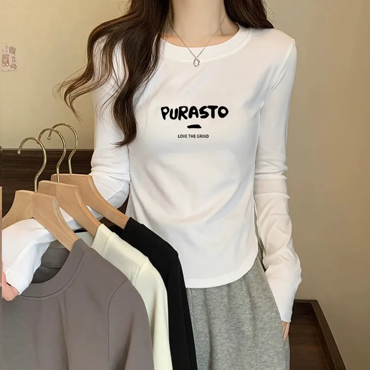 新款纯棉长袖T恤女内搭打底衫纯色上衣白色显瘦百搭圆领弧形下摆