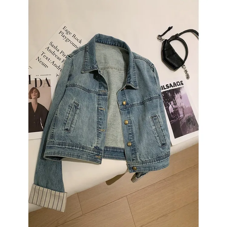 2025秋季新款港风格纹拼接袖短款牛仔外套女宽松休闲小个子夹克潮