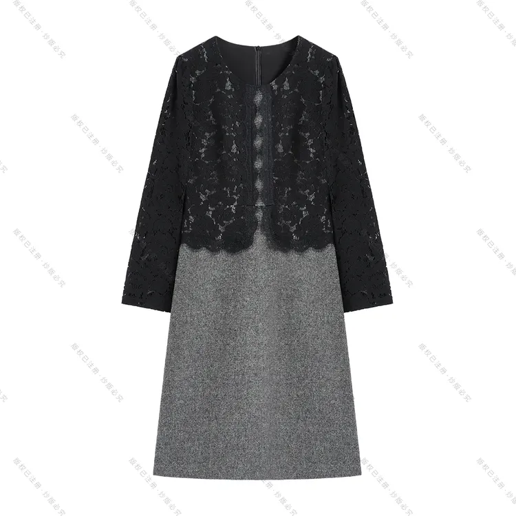 【深圳畅姐】2025秋冬新款气质优雅蕾丝拼接显瘦连衣裙