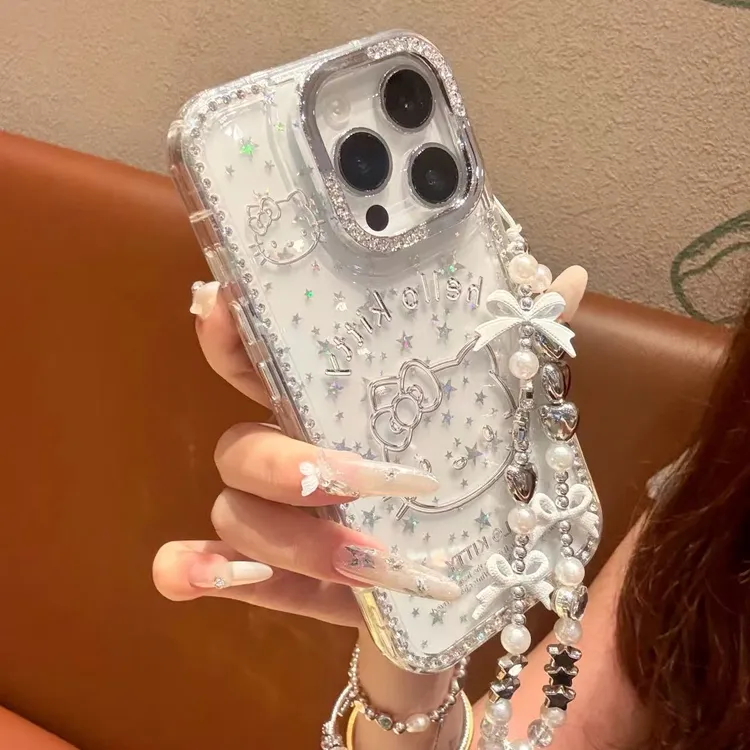 飞虎胜银线条KT猫适用iPhone16闪粉手机壳苹果15promax少女14/13