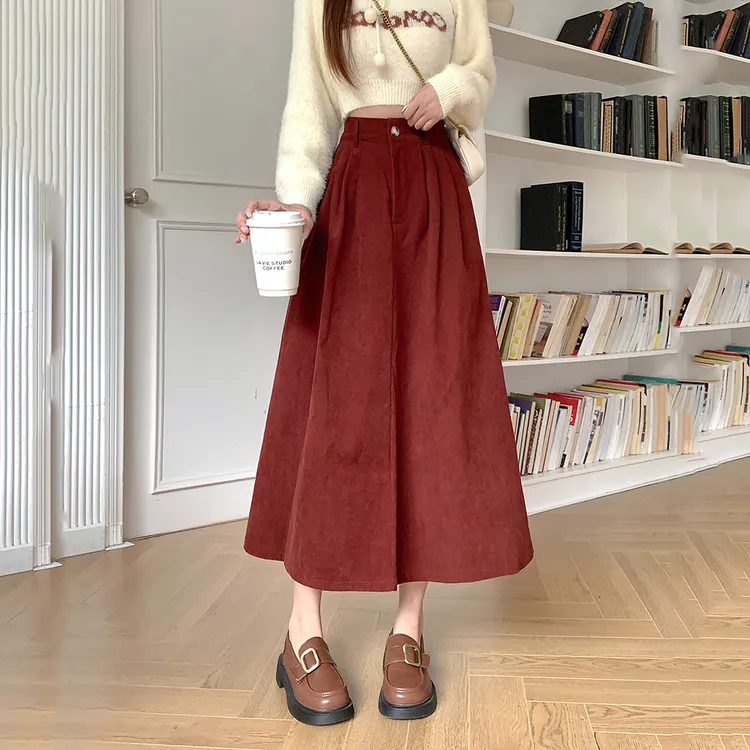 灯芯绒加厚原宿风秋冬新款复古百搭高腰A字中长款伞裙显瘦半身裙