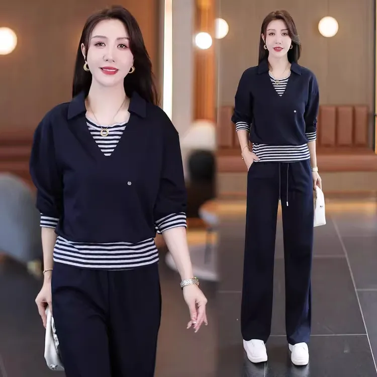 时尚休闲套装女2025秋季新款洋气条纹拼接假两件上衣阔腿裤两件套