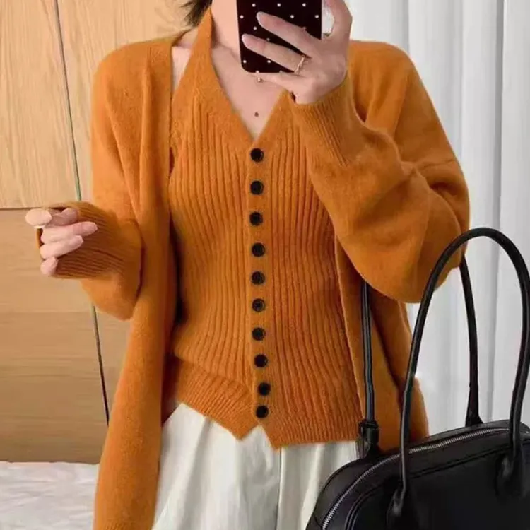 复古港风慵懒针织开衫外套挂脖吊带背心两件套秋冬感软糯修身套装