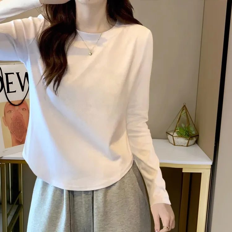 春秋季新款韩版白色长袖T恤女设计感不规则短款小个子打底衫上衣