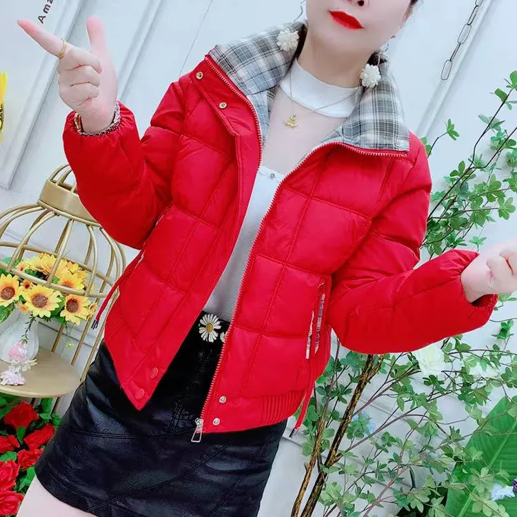 时尚拼接格子短款棉服2025冬季新款休闲宽松显瘦加厚保暖棉袄外套