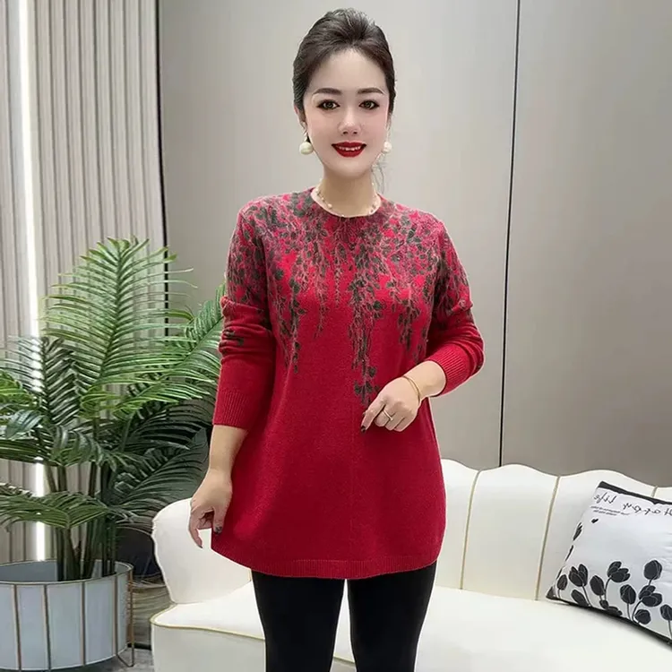 5102印花毛衣女秋冬中长款大码上衣显瘦时尚高贵妈妈针织打底衫女