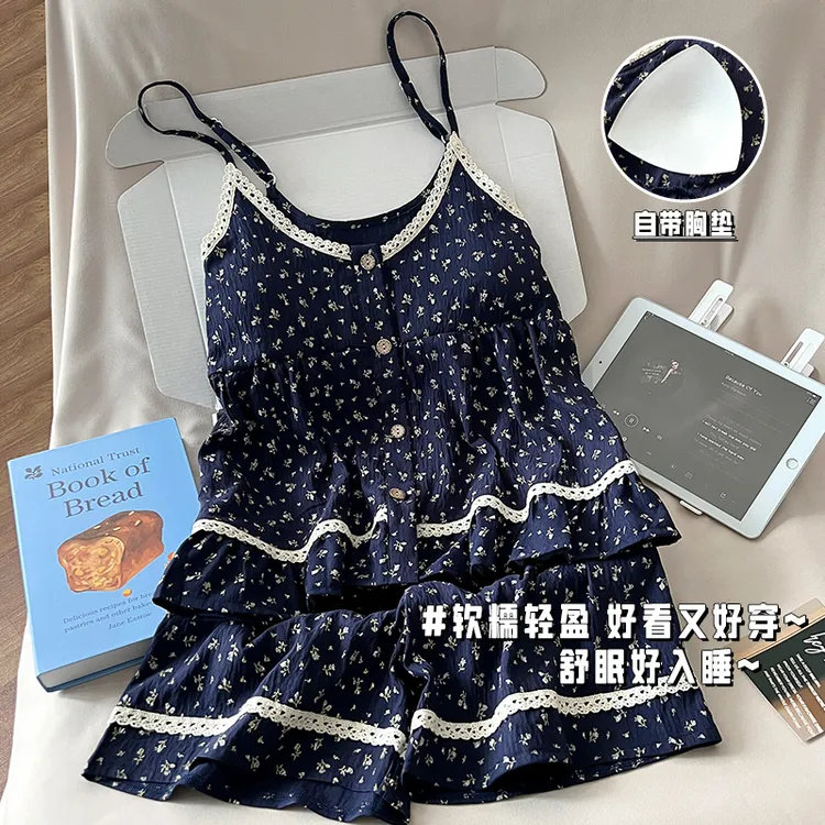 带胸垫睡衣女夏天云朵棉吊带短裤套装新款可爱花边碎花休闲家居服