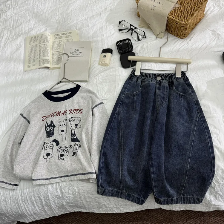 现货-小马家2025秋款儿童纯色牛仔裤K-6250穿搭老爹裤百搭男女童