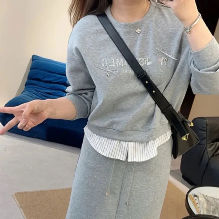 小个子定制卫衣拼接衬衣下摆半裙套装 25A33