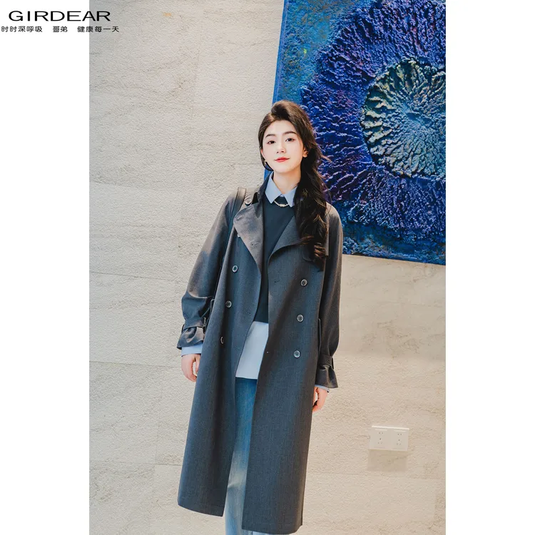 GIRDEAR/哥弟质感老钱风时尚气质百搭双排扣中长款风衣女 1400164