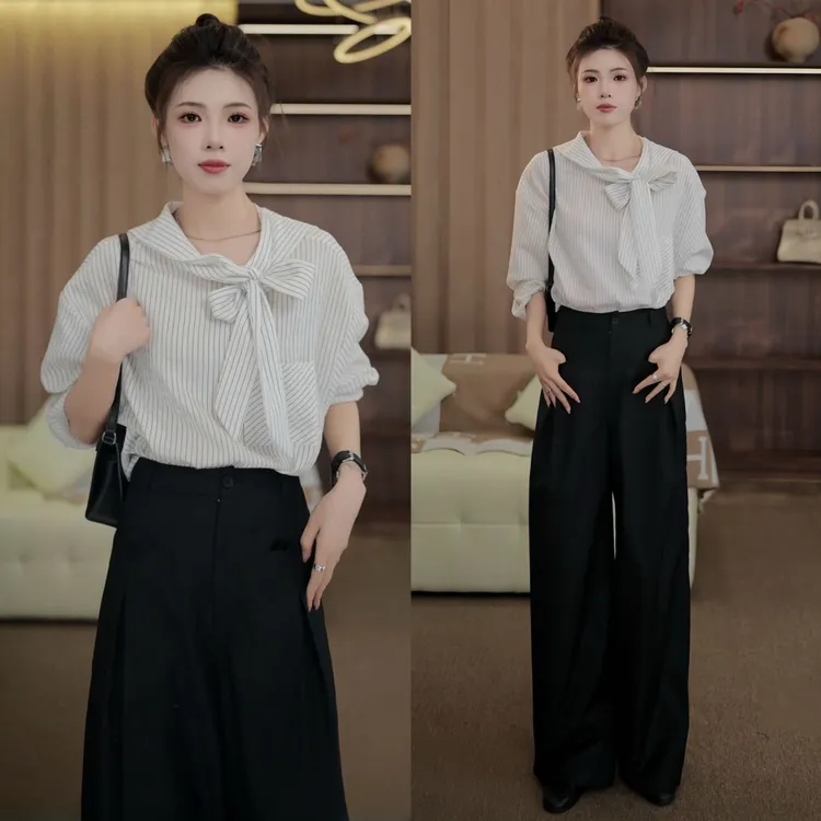 早春穿搭一整套女装轻奢小众高级感条纹衬衫+西装裤两件套设计感