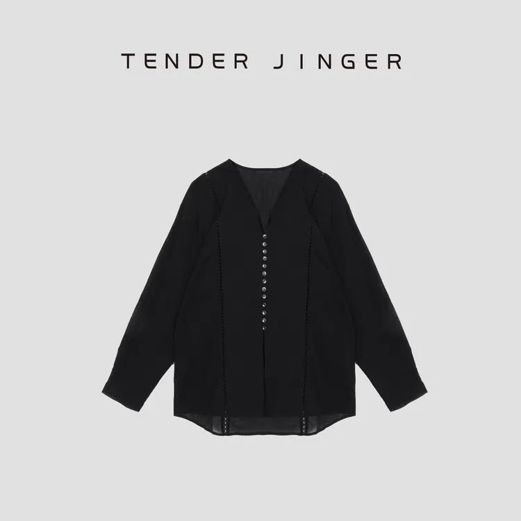 Tender JingerV领设计亚麻镂空拼接衬衫T53XXQ30708