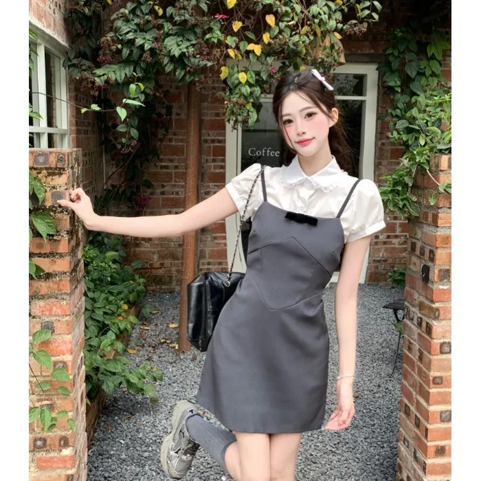 高级感学院风蕾丝花边短袖衬衫女夏季叠穿灰色吊带连衣裙两件套装