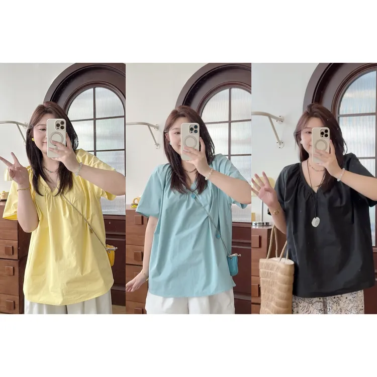 晶咕佳佳【薄荷少女】纯色V口棉感短袖上衣显瘦时尚休闲宽松