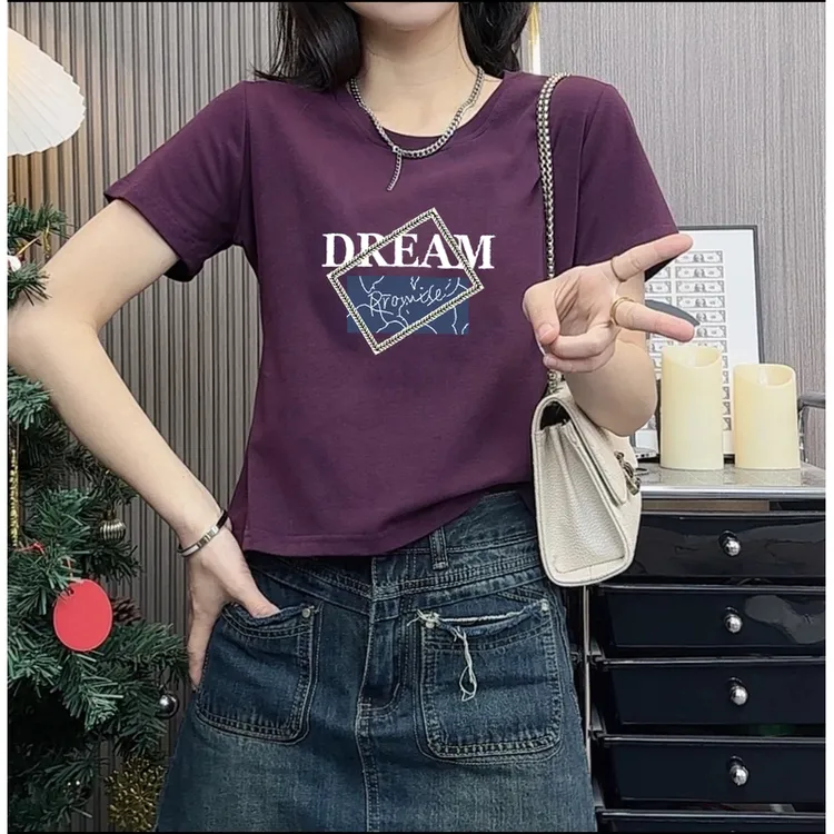 紫色方框时尚夏季短袖t恤女2025正肩圆领女设计感别致休闲百搭