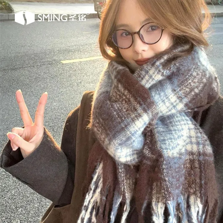 韩系ins蓝色格子围巾女氛围感百搭披肩加厚保暖围脖秋冬季护肩女