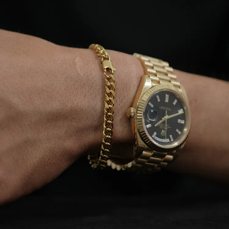 钛钢手链 18K电镀金色细古巴链男女爆闪嘻哈流行穿搭叠戴cuban链