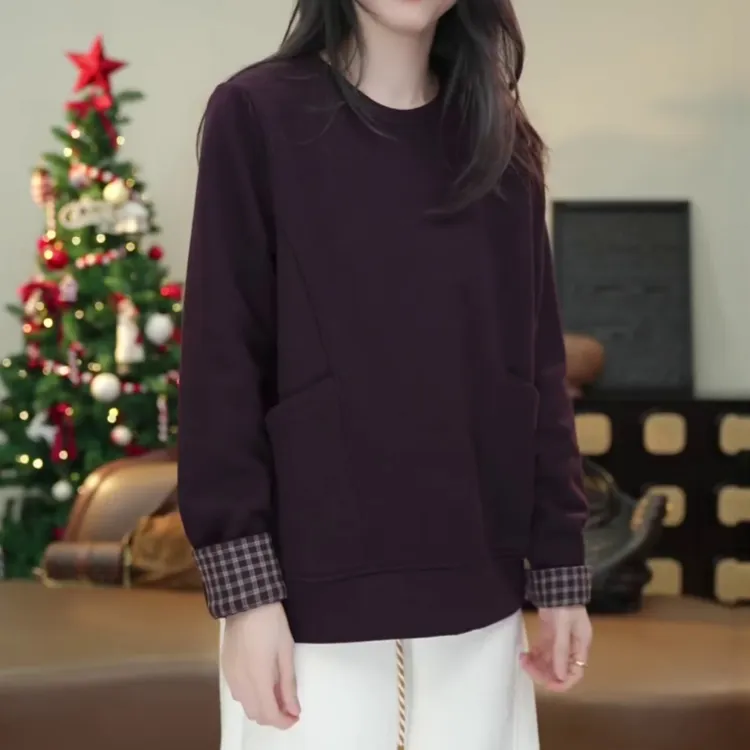 韩版时尚气质圆领百搭卫衣女秋冬新款设计感格子拼接小众套头上衣