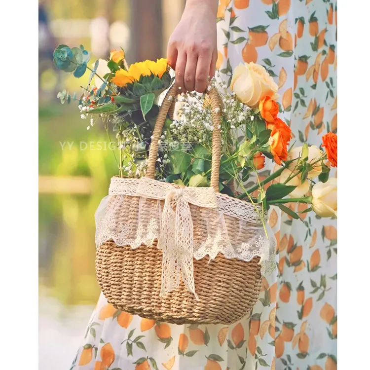 百搭日韩森女系可爱蕾丝蝴蝶结草编包手提包斜挎手工女包菜篮子包