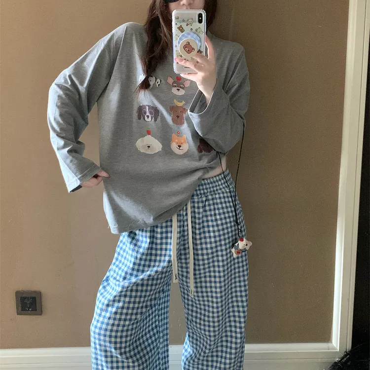 长袖睡衣女士春秋季云朵棉大码可外穿2025新款蓝格长裤套装家居服