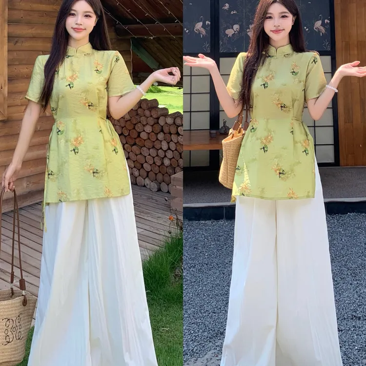 大码新中式国风套装女2025夏季阔腿裤洋气显瘦减龄改良旗袍两件套
