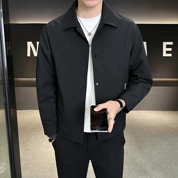 LOzP翻领外套男2025春秋季新款男装纯色修身褂子潮流百搭商务休闲