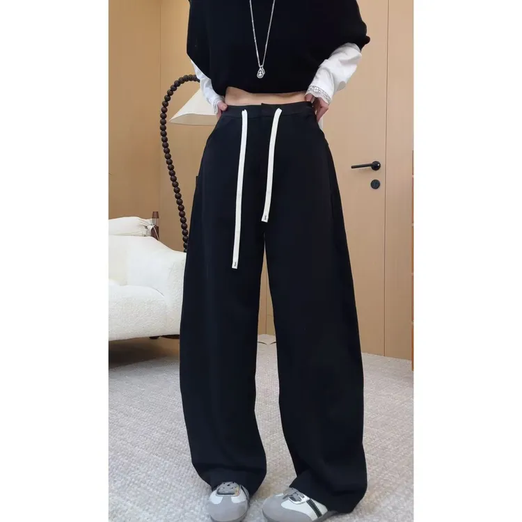 玖了个玖 2025早秋极简百搭立体剪裁撞色腰绳弯刀休闲裤2508C4699