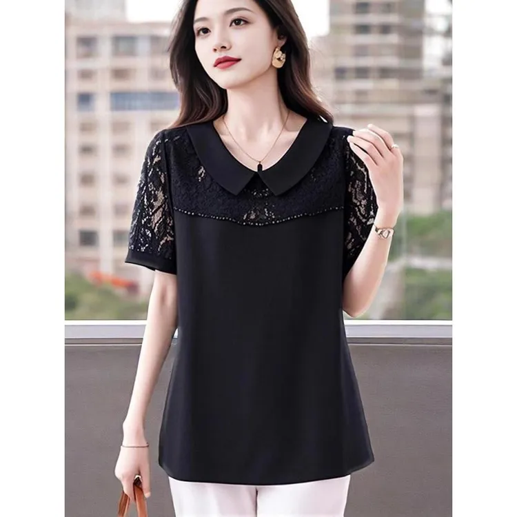 娃娃领短袖t恤女夏季2025新款时尚洋气宽松遮肚子上衣中年妈妈衫