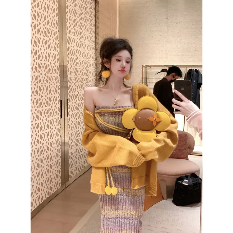 【雅乔现货】彩虹糖豆 黄紫蓝渐变羊毛针织抹胸连衣裙DYZY-24107403