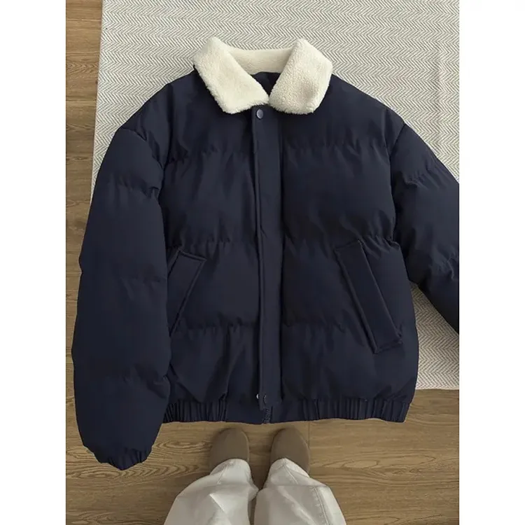 藏青色百搭翻领潮面包服男冬季加厚保暖情侣棉服复古工装加绒外套