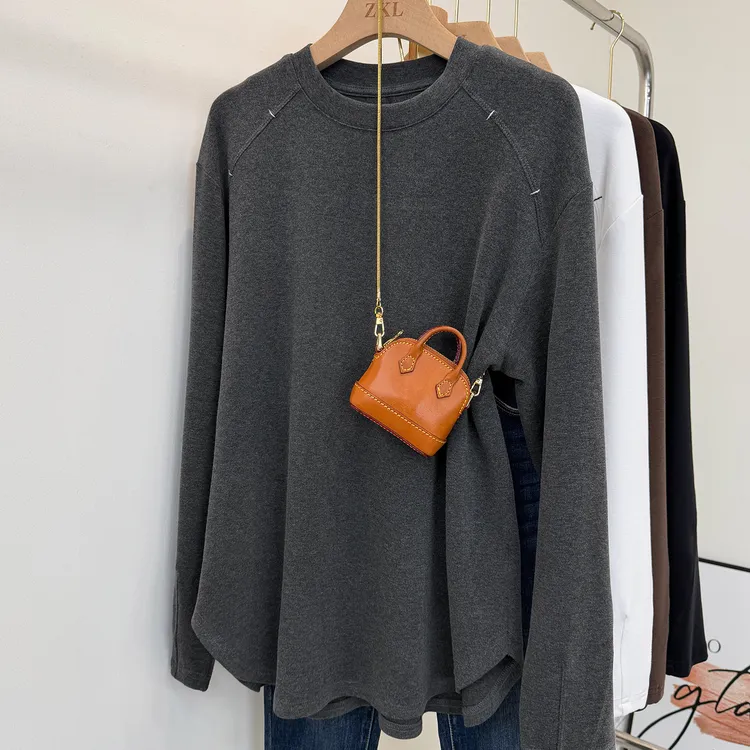 弹力明线设计遮屁股t恤女秋冬款圆领磨毛大版遮肉中长款打底衫ins