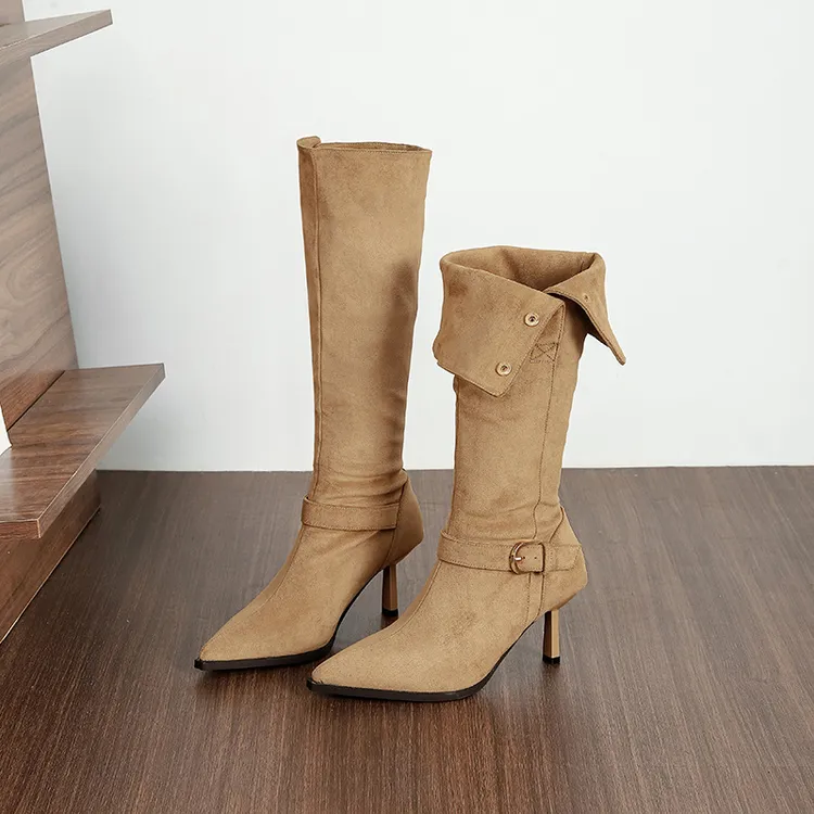 Q701秋冬新款法式尖头过膝长靴女靴子年两穿高筒中筒靴堆堆靴中跟