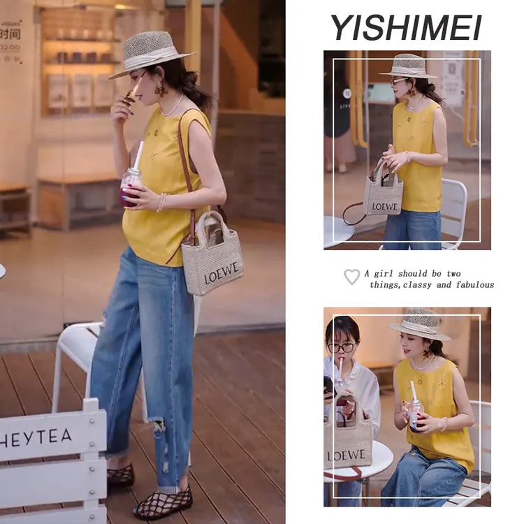 夏季时尚穿搭2025年新款百搭简约无袖上衣破洞牛仔裤两件套装