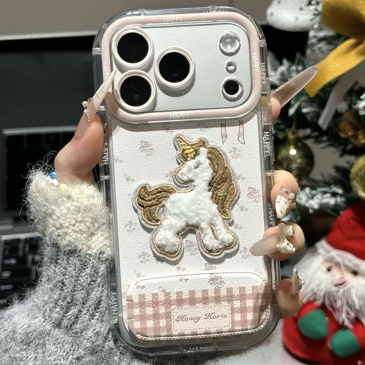 独角小马刺绣支架适用苹果17/16promax手机壳14华为vivoppo小米15