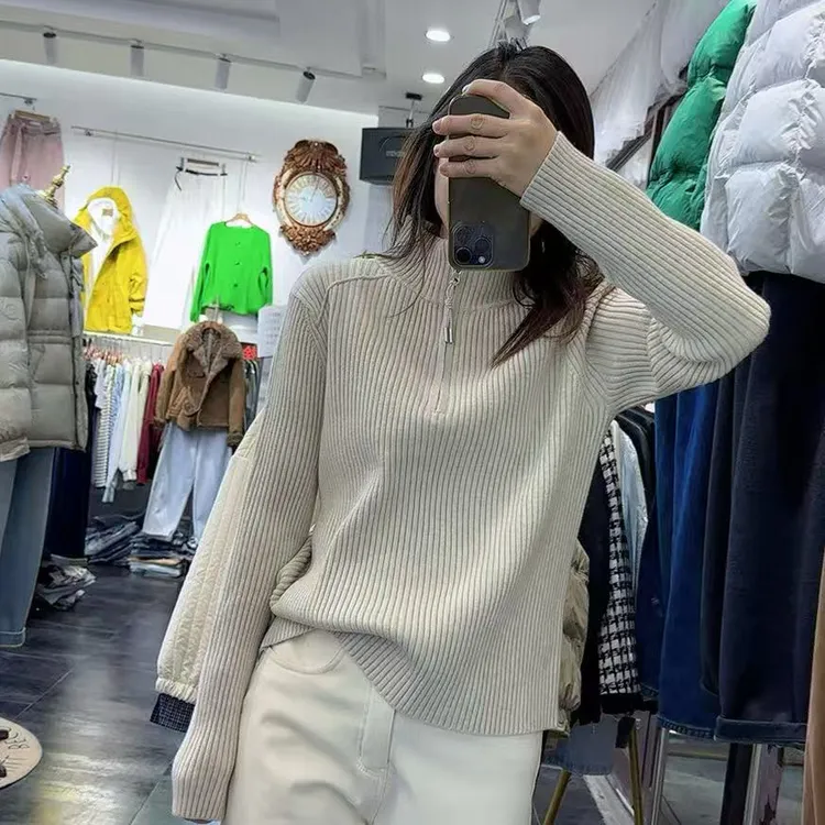 冬新品半拉链立领加厚保暖修身显瘦百搭简约净版针织衫毛衣女打底